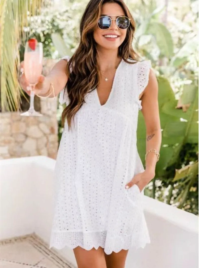 Dunnmall Women's V-neck Short-Sleeved Lace Dress