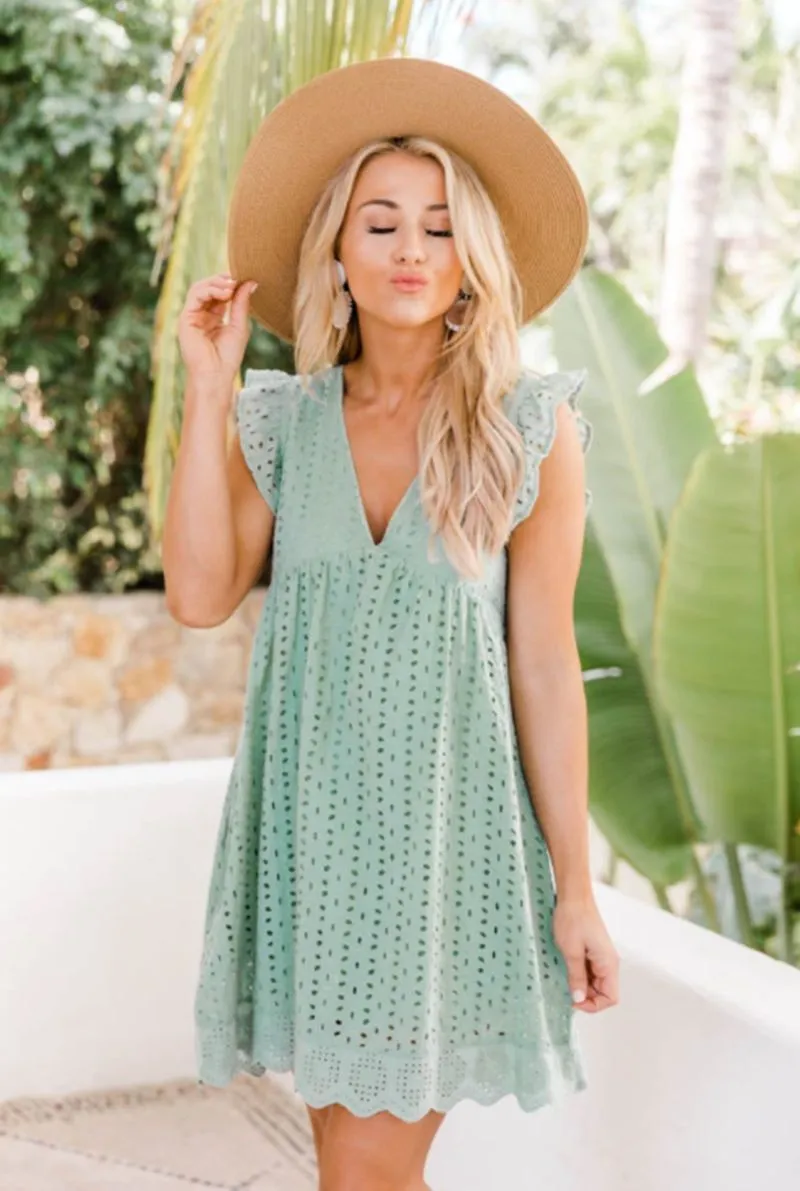 Dunnmall Women's V-neck Short-Sleeved Lace Dress