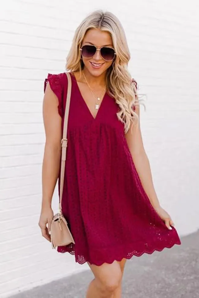 Dunnmall Women's V-neck Short-Sleeved Lace Dress