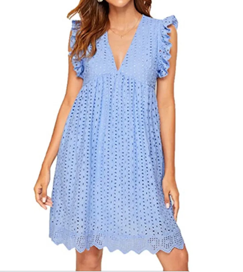 Dunnmall Women's V-neck Short-Sleeved Lace Dress