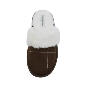 Laura Ashley Ladies Micro Suede Scuff Slipper with Plush Collar, Brown, L