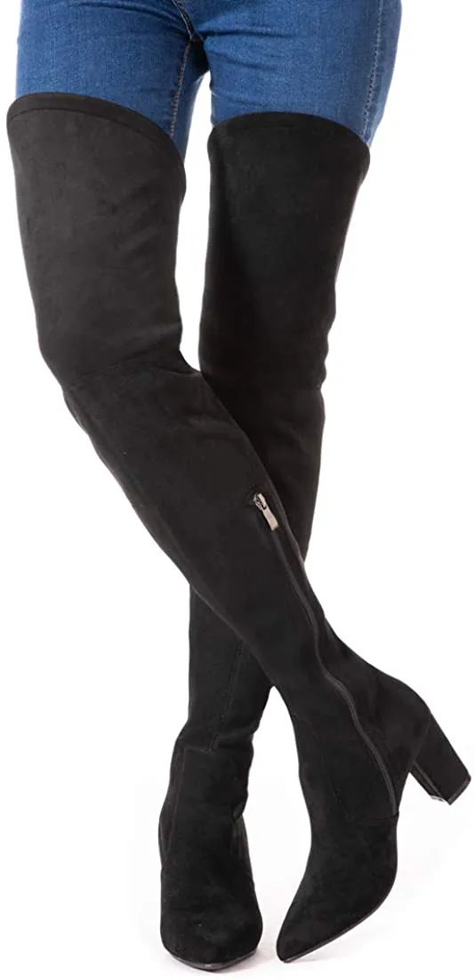 Winter Red Suede Over Knee Chunky Heel Boots