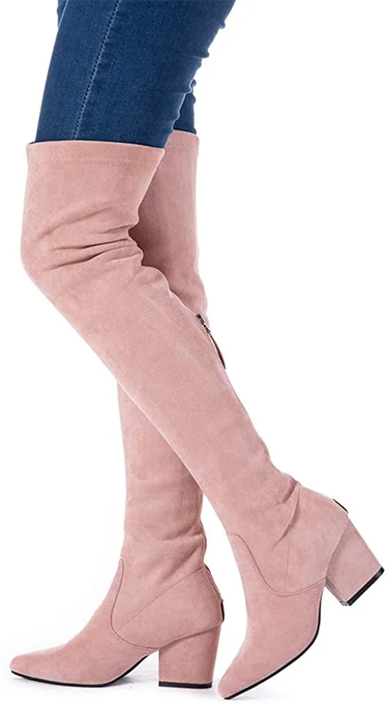 Winter Red Suede Over Knee Chunky Heel Boots