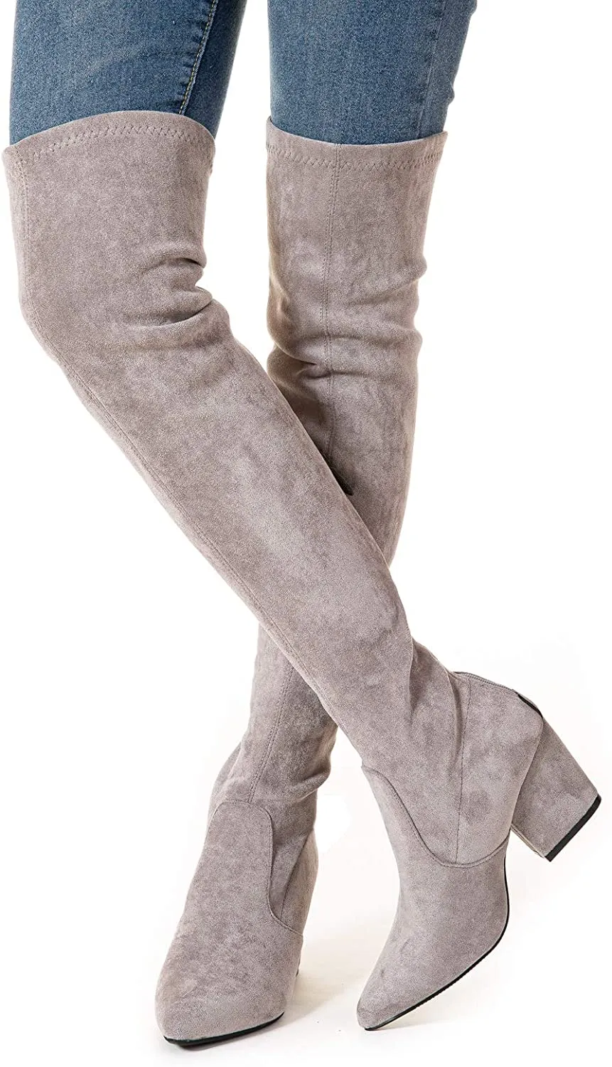 Winter Red Suede Over Knee Chunky Heel Boots