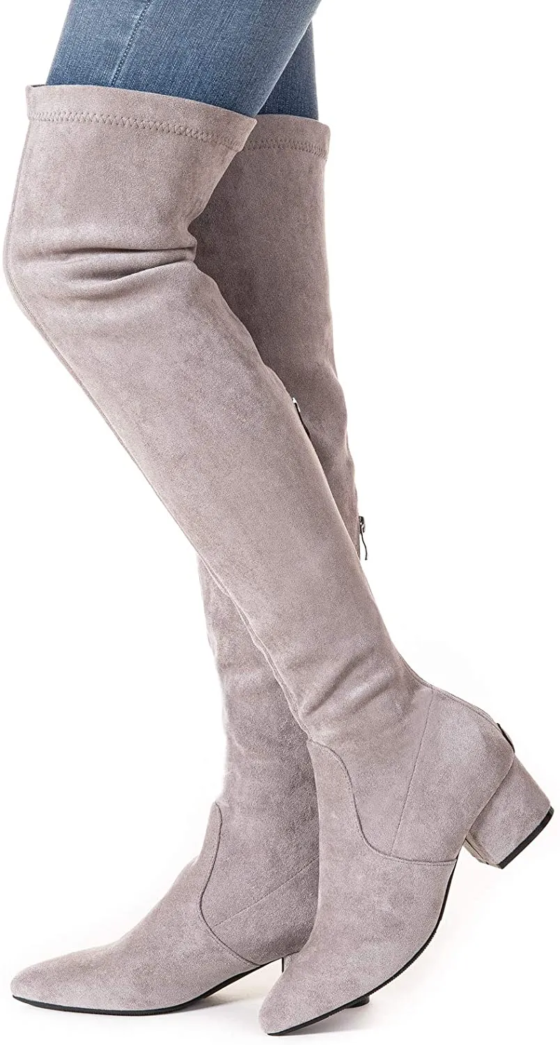 Winter Red Suede Over Knee Chunky Heel Boots
