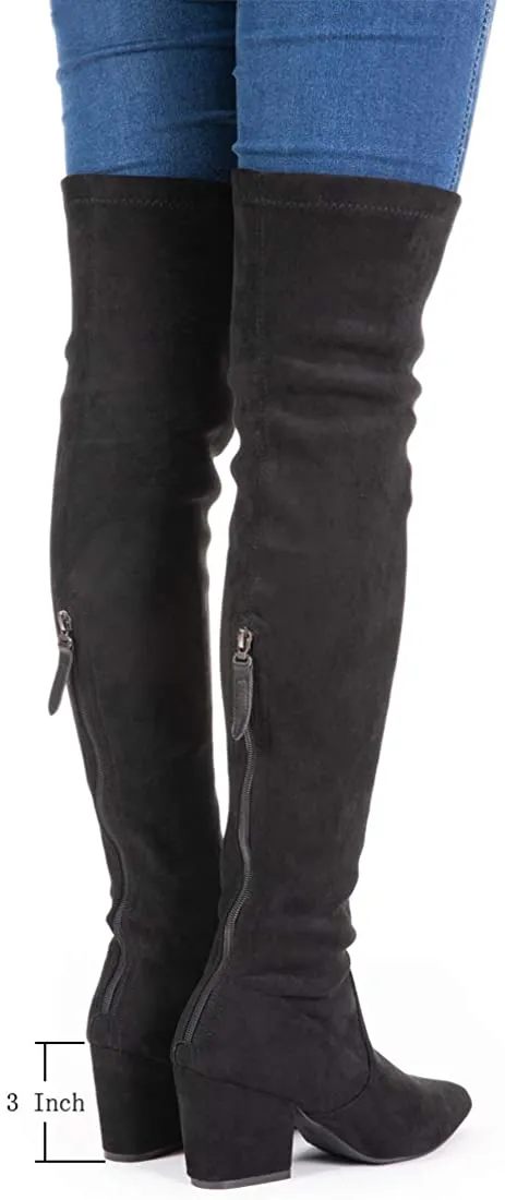 Winter Red Suede Over Knee Chunky Heel Boots