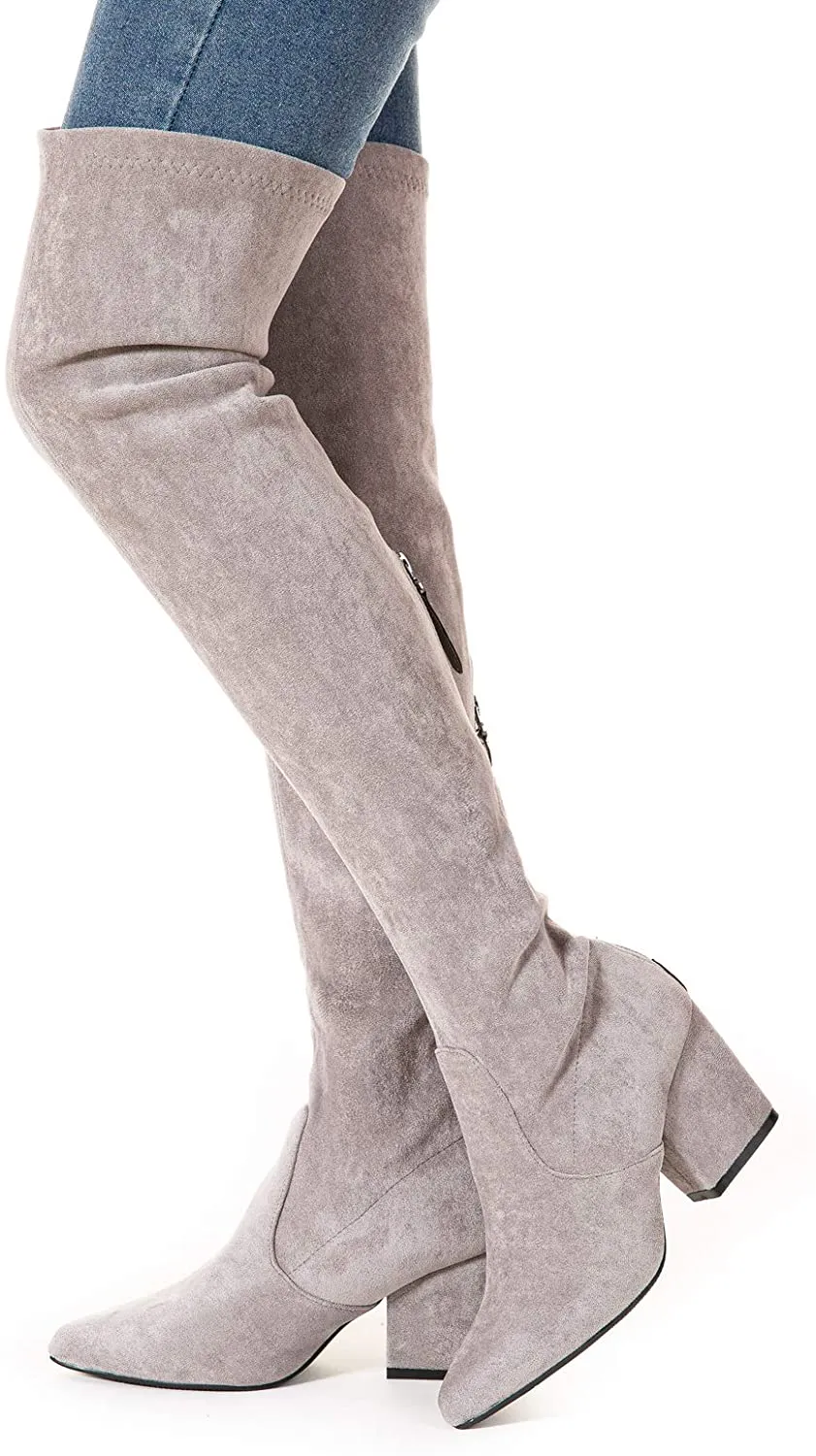Winter Red Suede Over Knee Chunky Heel Boots
