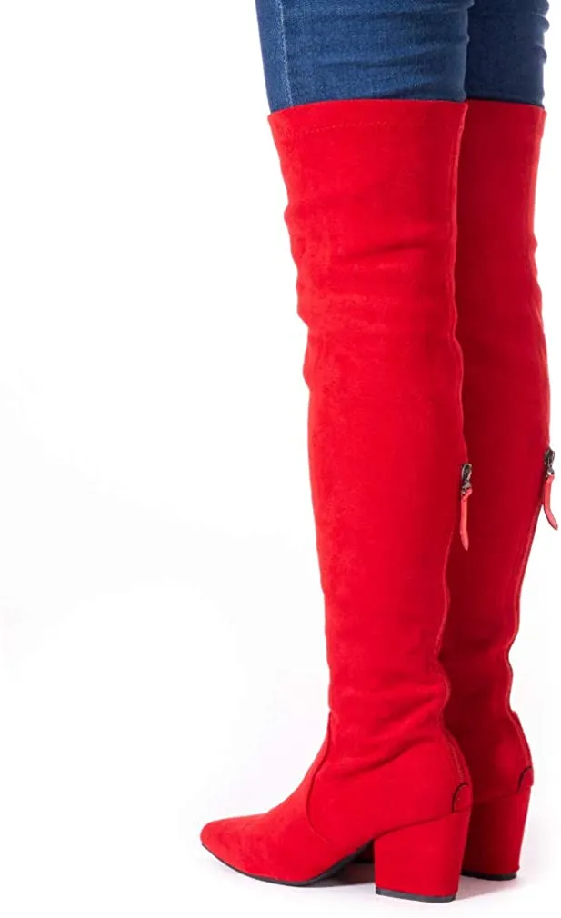 Winter Red Suede Over Knee Chunky Heel Boots