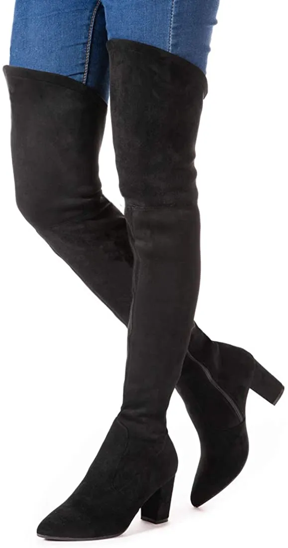 Winter Red Suede Over Knee Chunky Heel Boots