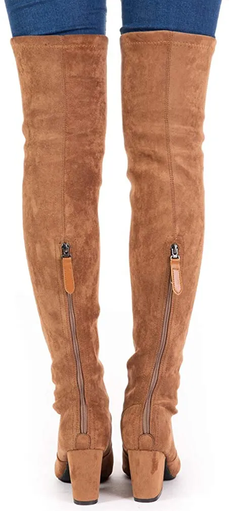 Winter Red Suede Over Knee Chunky Heel Boots