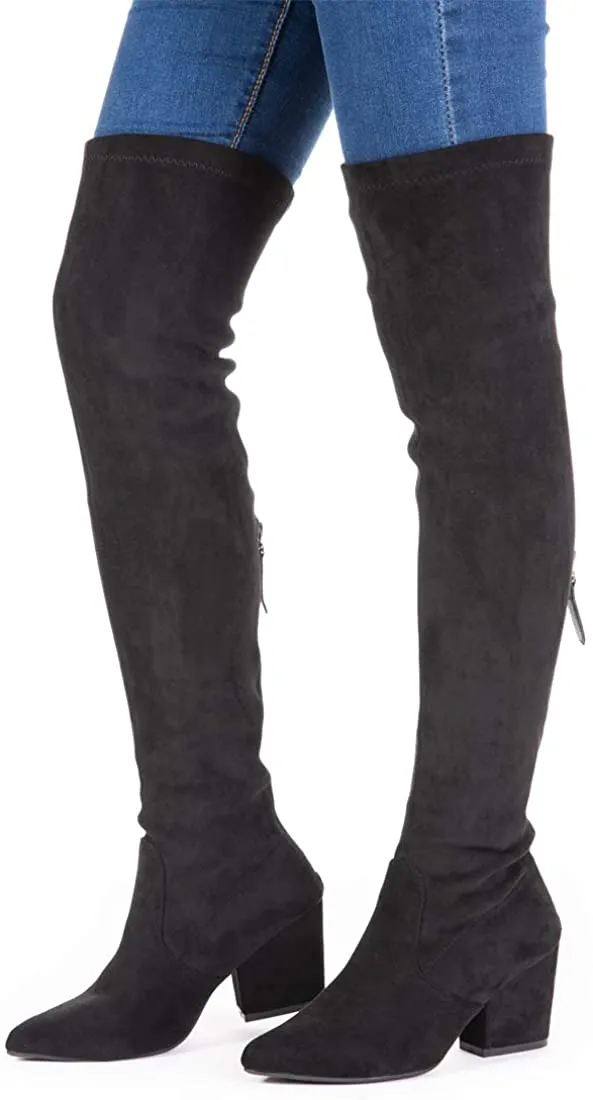 Winter Red Suede Over Knee Chunky Heel Boots